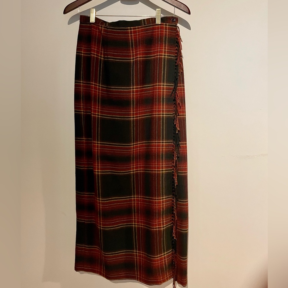 Vintage Wool Brown Plaid Fringe Wrap Maxi Skirt